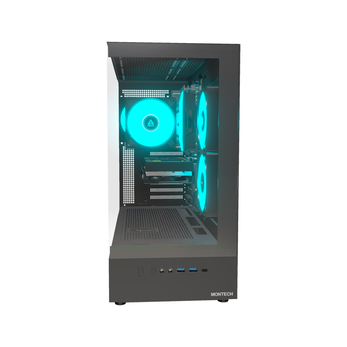 Basecamp PC Gamer Entrée de gamme – rendu 3D, vue de face, RGB cyan