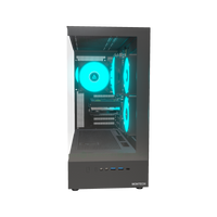 Basecamp PC Gamer Entrée de gamme – rendu 3D, vue de face, RGB cyan
