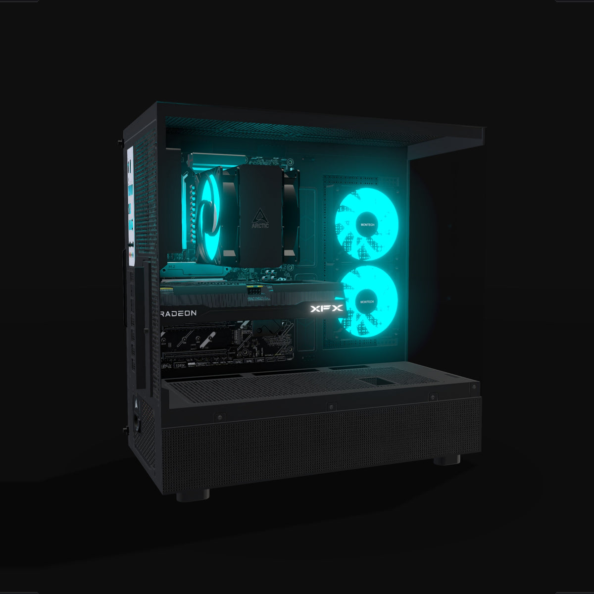 Basecamp Gaming PC Entry – 3D rendering, side view, RGB cyan