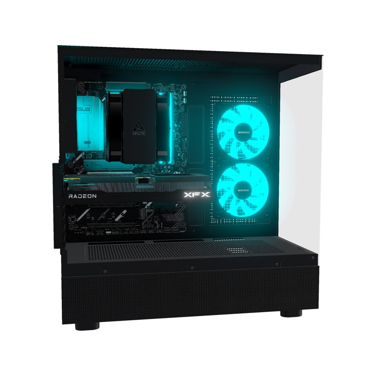 Basecamp PC Gamer Entrée de gamme – rendu 3D, vue de côté, RGB cyan