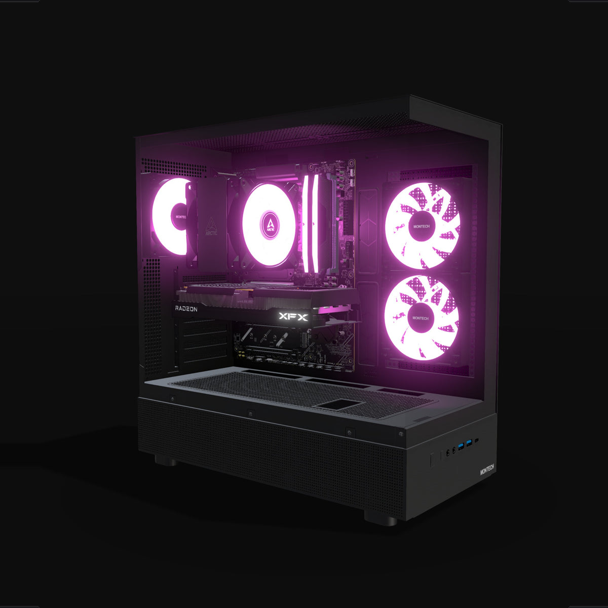 Basecamp Gaming PC Entry – 3D rendering, front three-quarter view, RGB magenta