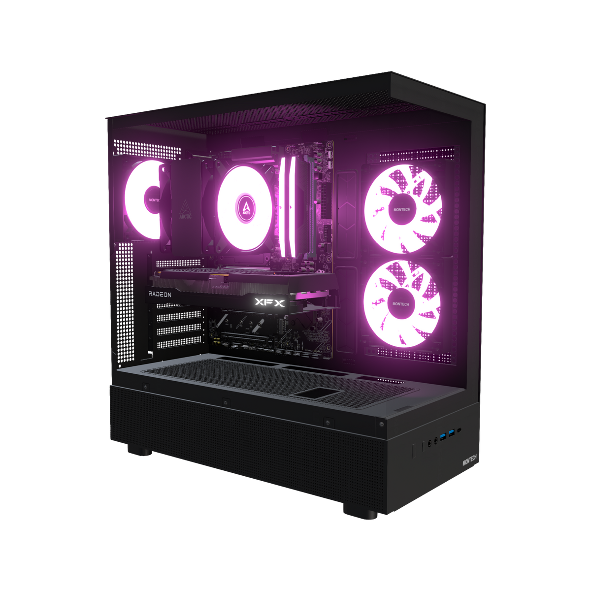 Basecamp PC Gamer Entrée de gamme – rendu 3D, vue de trois quarts, RGB magenta