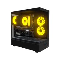Basecamp PC Gamer Entrée de gamme – rendu 3D, vue de trois quarts, RGB orange