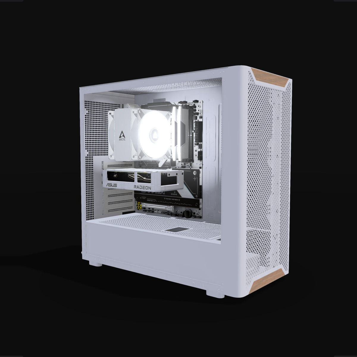 Basecamp Gaming PC Entry White – 3D rendering, front three-quarter view, RGB cool white