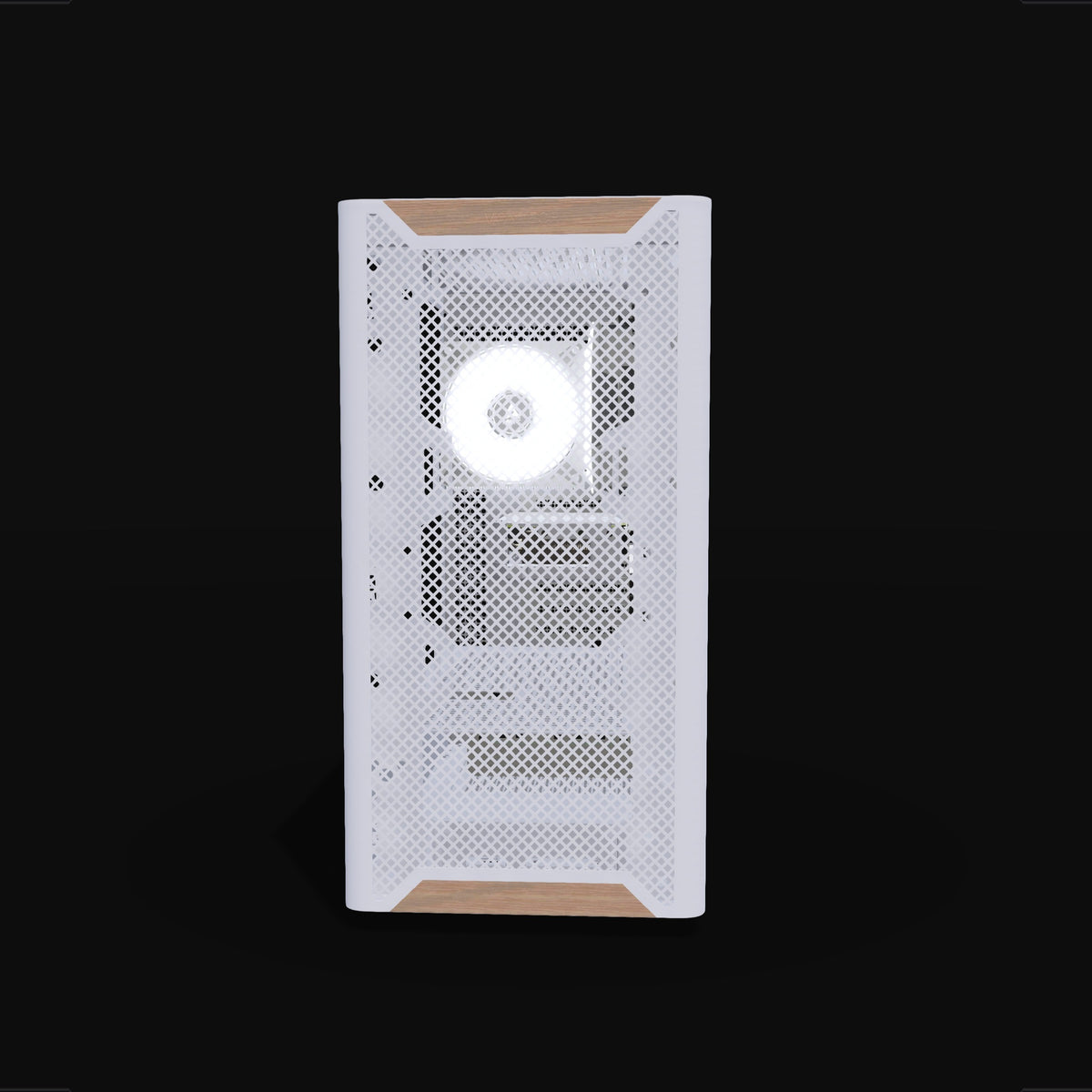 Basecamp Gaming PC Entry White – 3D rendering, front view, RGB cool white