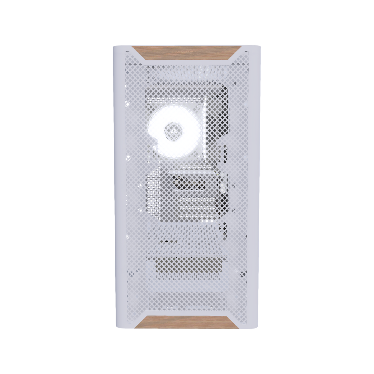 Basecamp PC da gaming Entry Bianco – rendering 3D, vista frontale, RGB bianco freddo