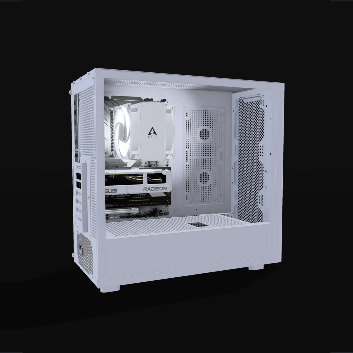Basecamp Gaming PC Entry White – 3D rendering, side view, RGB cool white
