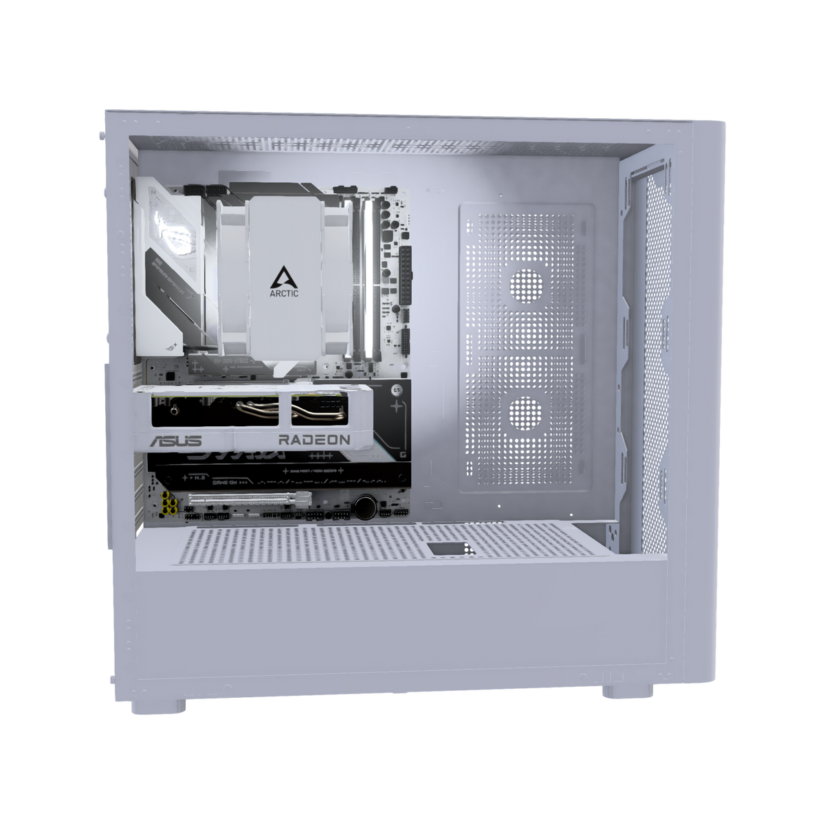 Basecamp PC da gaming Entry Bianco – rendering 3D, vista laterale, RGB bianco freddo