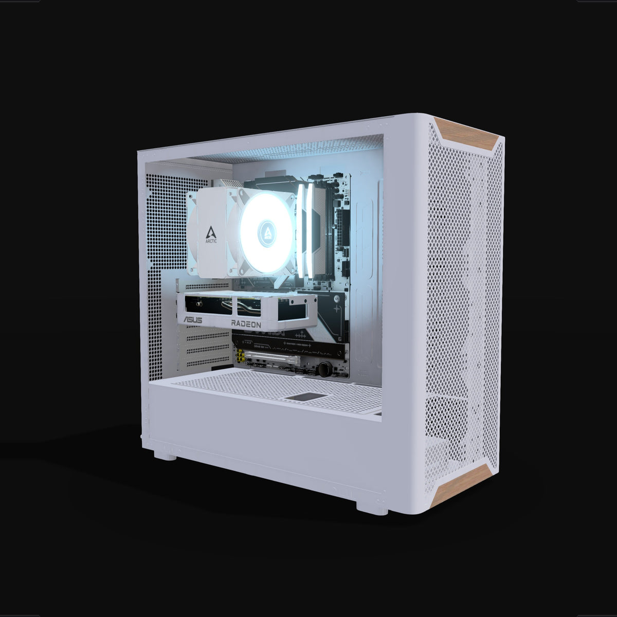 Basecamp Gaming PC Entry White – 3D rendering, front three-quarter view, RGB ice blue