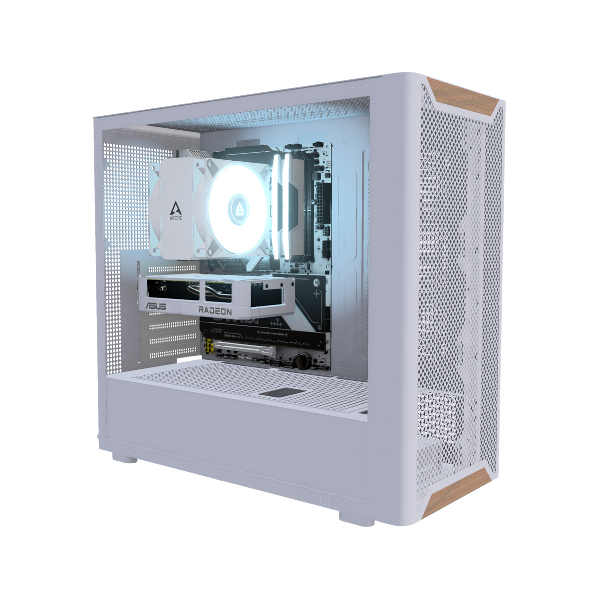 Basecamp PC da gaming Entry Bianco – rendering 3D, vista di tre quarti, RGB blu ghiaccio