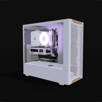 Basecamp Gaming PC Entry White – 3D rendering, front three-quarter view, RGB lavender