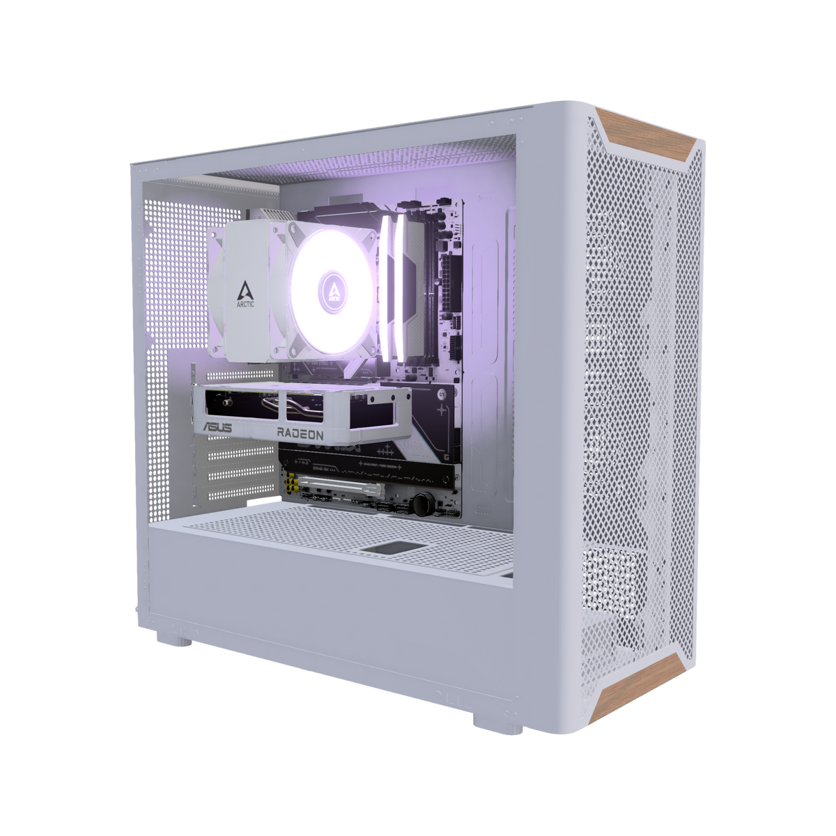 Basecamp PC da gaming Entry Bianco – rendering 3D, vista di tre quarti, RGB lavanda