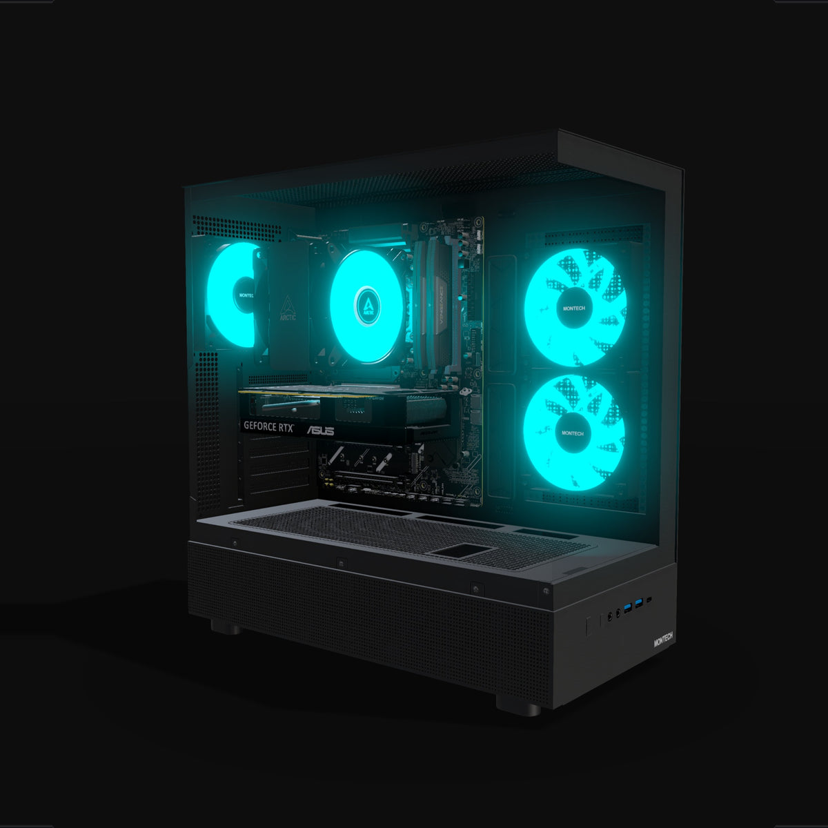 Basecamp Gaming PC Entry – 3D rendering, front three-quarter view, RGB cyan