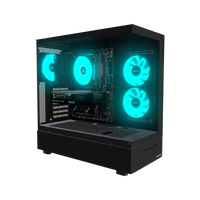 Basecamp PC Gamer Entrée de gamme – rendu 3D, vue de trois quarts, RGB cyan