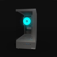Basecamp Gaming PC Entry – 3D rendering, front view, RGB cyan