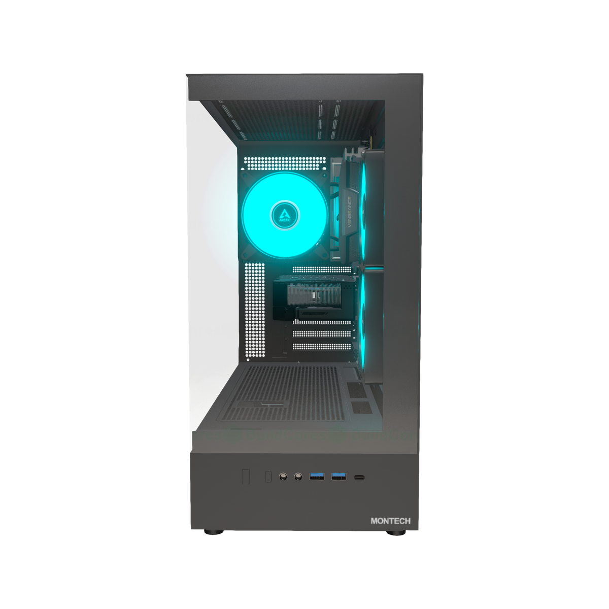 Basecamp PC Gamer Entrée de gamme – rendu 3D, vue de face, RGB cyan