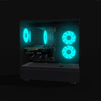 Basecamp Gaming PC Entry – 3D rendering, side view, RGB cyan