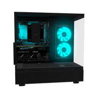 Basecamp PC Gamer Entrée de gamme – rendu 3D, vue de côté, RGB cyan