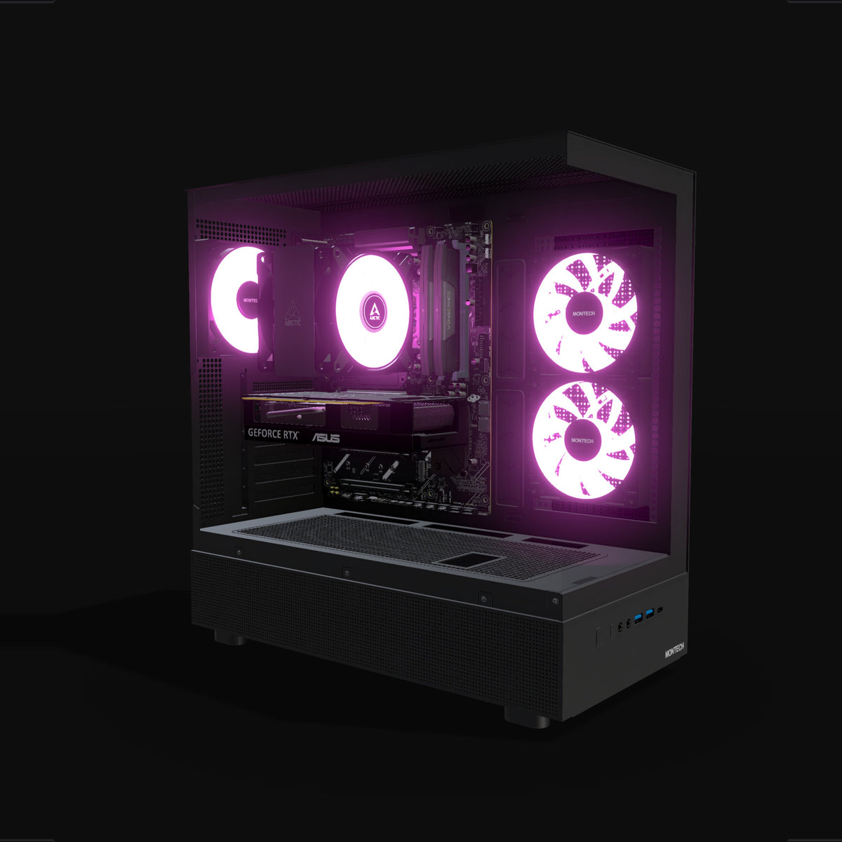 Basecamp Gaming PC Entry – 3D rendering, front three-quarter view, RGB magenta