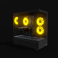 Basecamp Gaming PC Entry – 3D rendering, front three-quarter view, RGB orange
