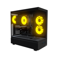 Basecamp PC Gamer Entrée de gamme – rendu 3D, vue de trois quarts, RGB orange
