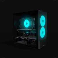 Radeon Gaming PC Midrange – 3D rendering, front three-quarter view, RGB cyan
