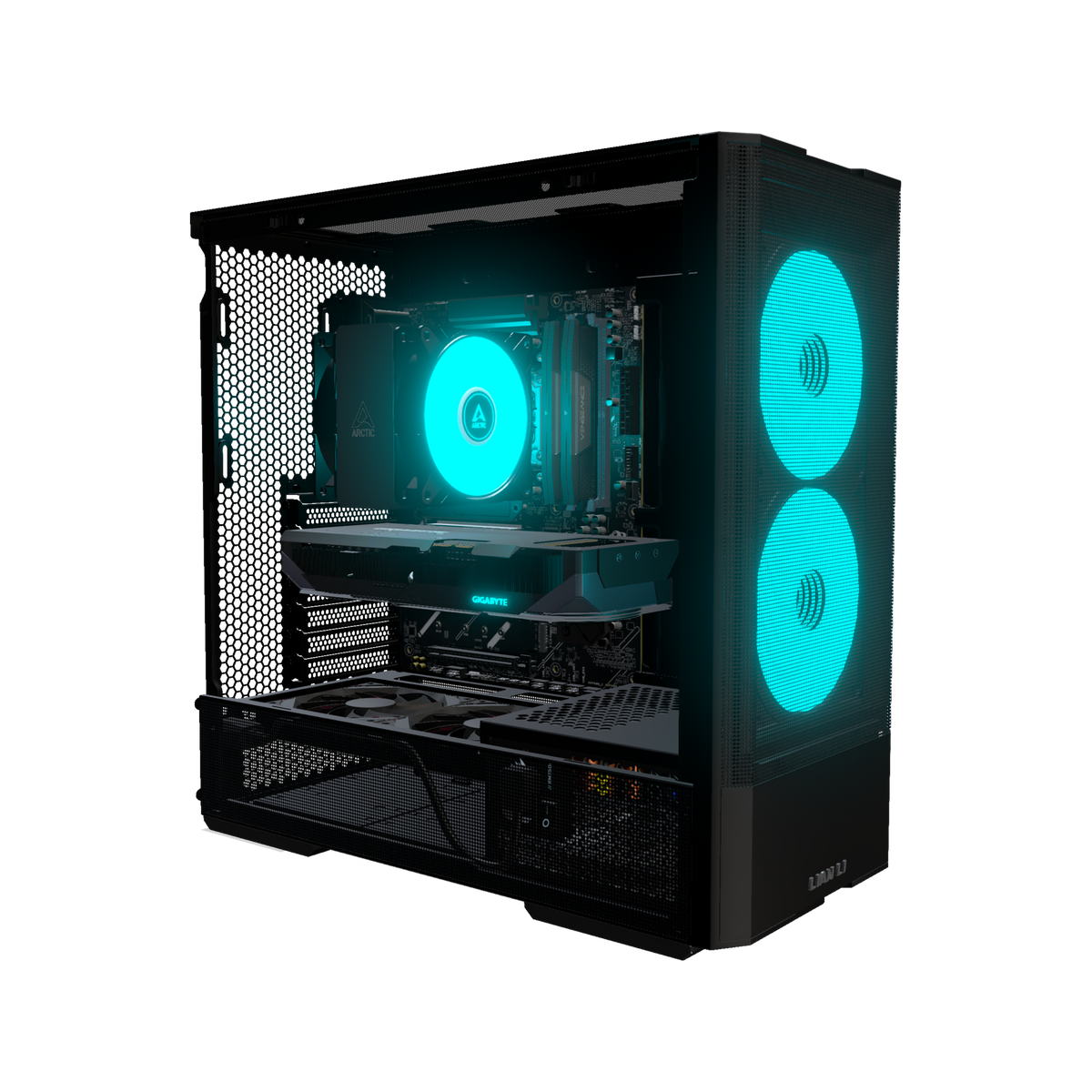 Radeon PC Gamer Milieu de gamme – rendu 3D, vue de trois quarts, RGB cyan