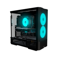 Radeon PC Gamer Milieu de gamme – rendu 3D, vue de trois quarts, RGB cyan