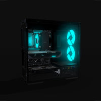 Radeon Gaming PC Midrange – 3D rendering, side view, RGB cyan