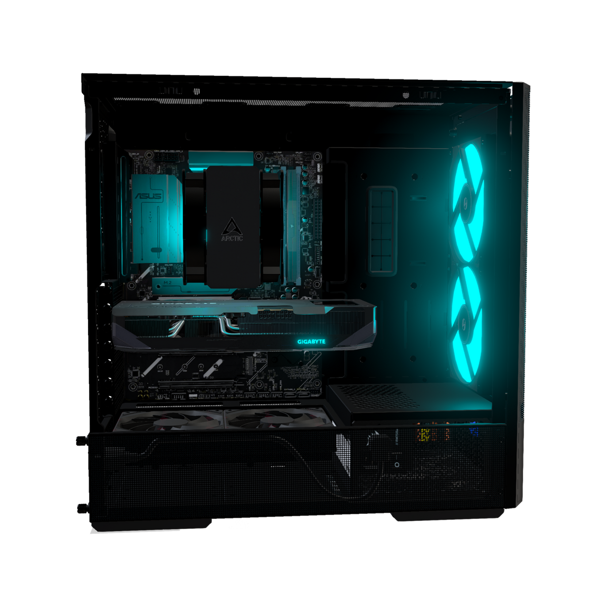 Radeon PC Gamer Milieu de gamme – rendu 3D, vue de côté, RGB cyan
