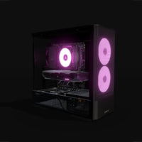 Radeon Gaming PC Midrange – 3D rendering, front three-quarter view, RGB magenta