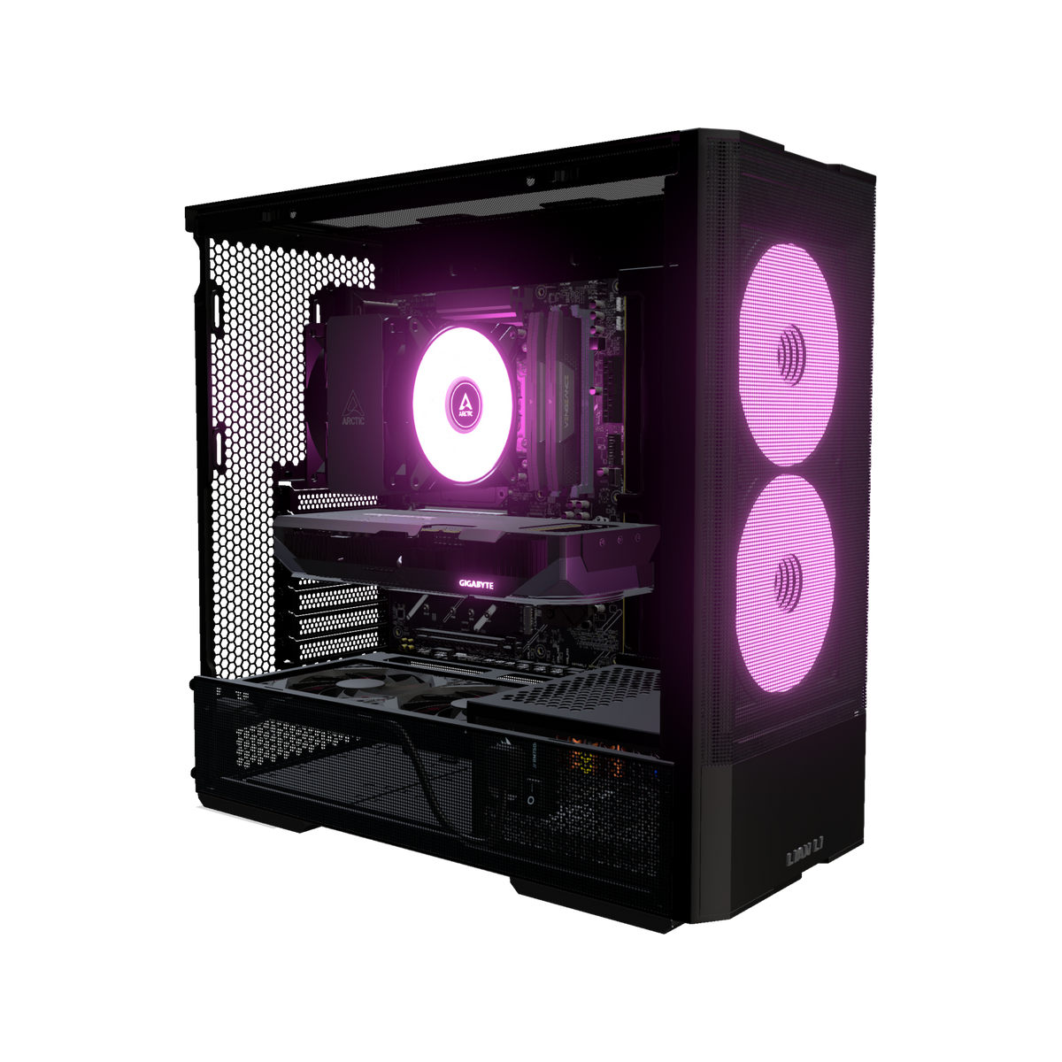 Radeon PC Gamer Milieu de gamme – rendu 3D, vue de trois quarts, RGB magenta