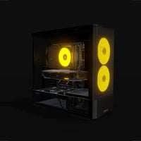 Radeon Gaming PC Midrange – 3D rendering, front three-quarter view, RGB orange
