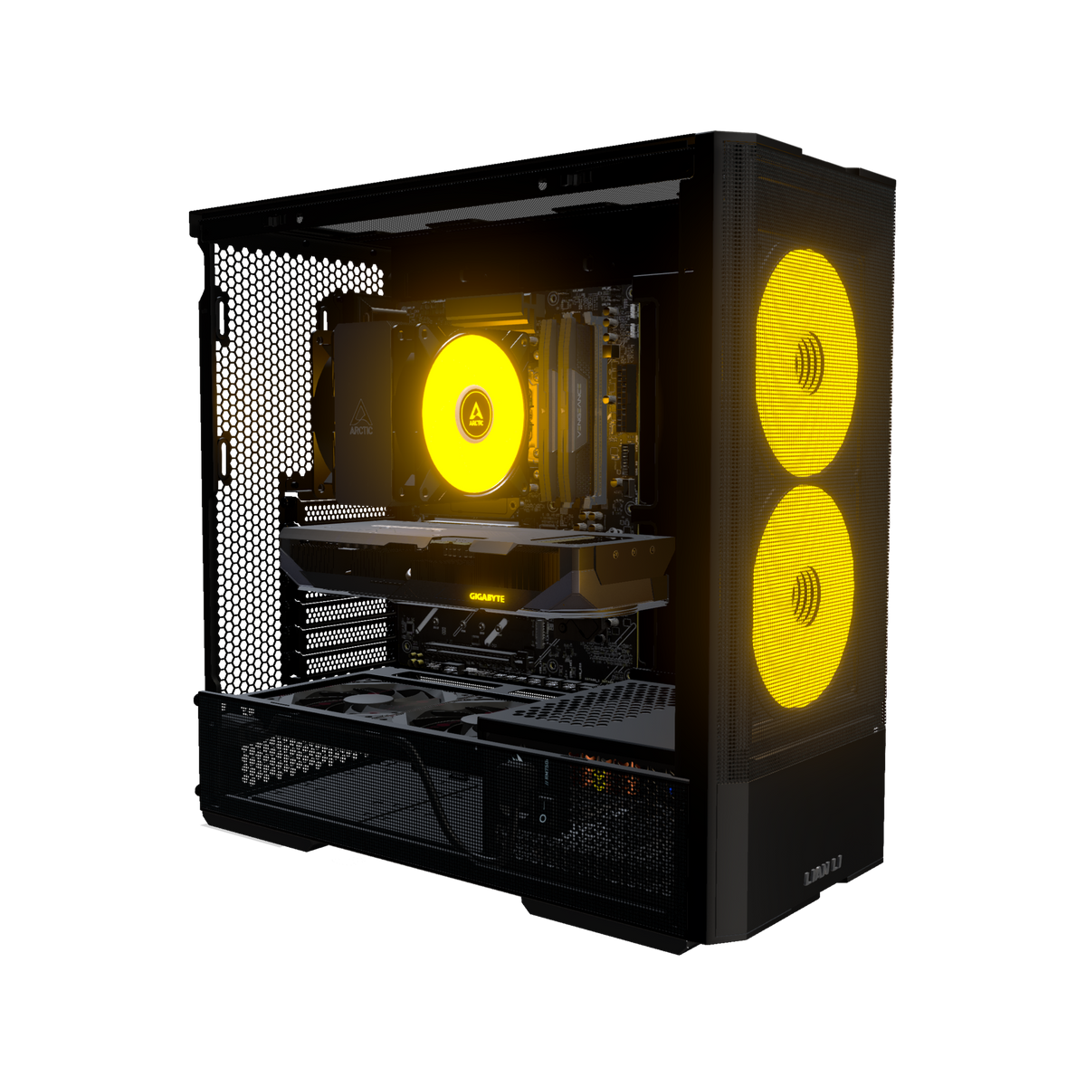 Radeon PC Gamer Milieu de gamme – rendu 3D, vue de trois quarts, RGB orange