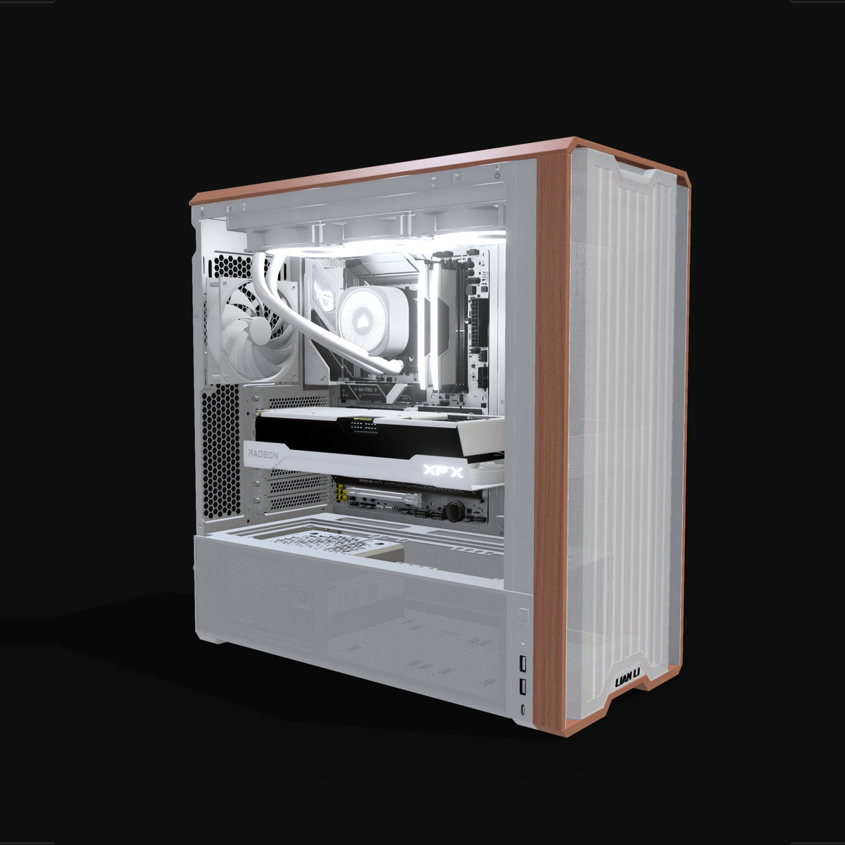 Radeon PC Gamer Milieu de gamme Blanc – rendu 3D, vue de trois quarts, RGB blanc froid