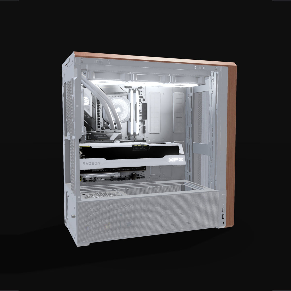 Radeon PC Gamer Milieu de gamme Blanc – rendu 3D, vue de côté, RGB blanc froid