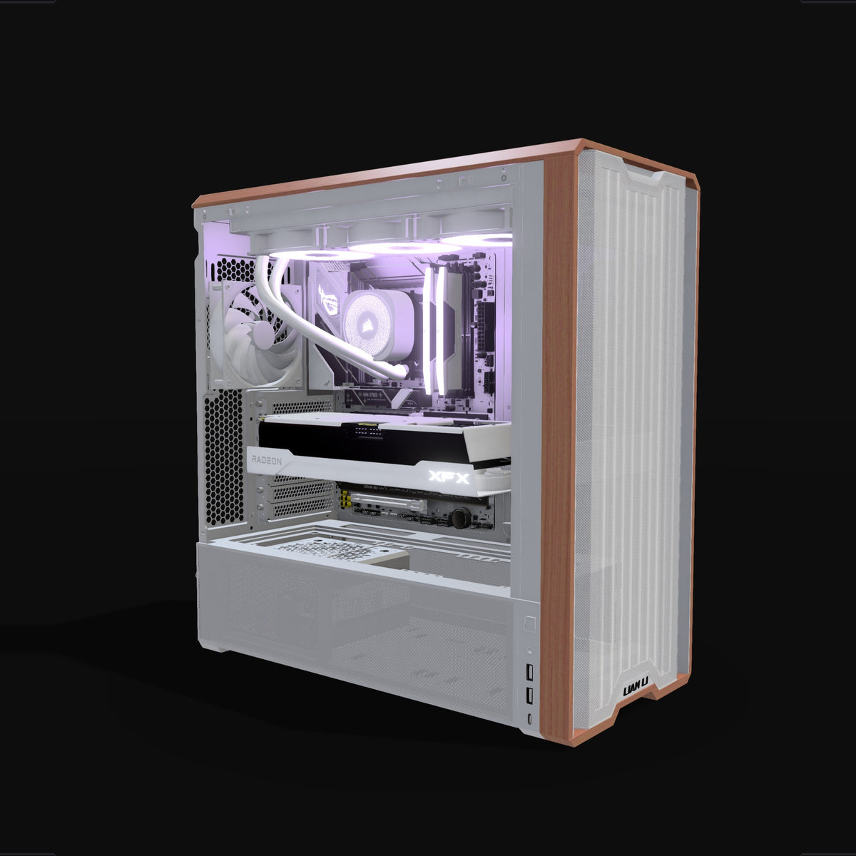 Radeon PC Gamer Milieu de gamme Blanc – rendu 3D, vue de trois quarts, RGB lavande