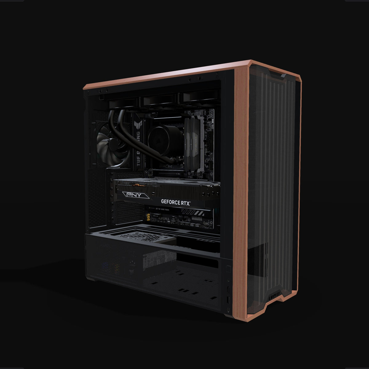 Pixelgipfel Gaming PC Midrange – 3D rendering, front three-quarter view