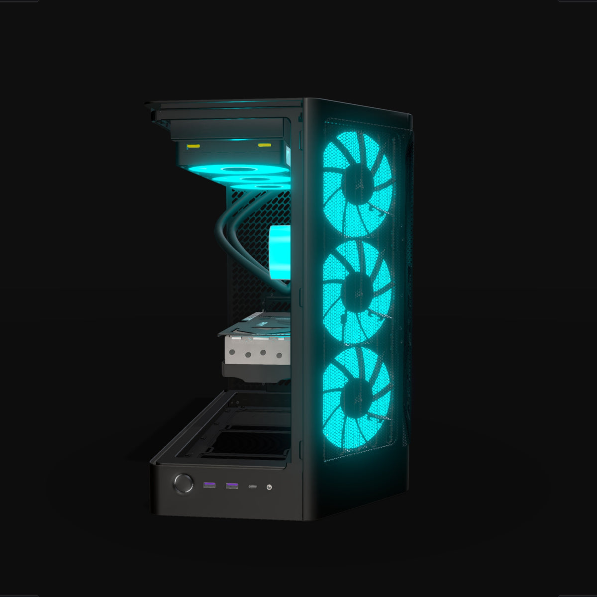 Showcase Gaming-PC Midrange – 3D-Rendering von vorne, RGB Cyan