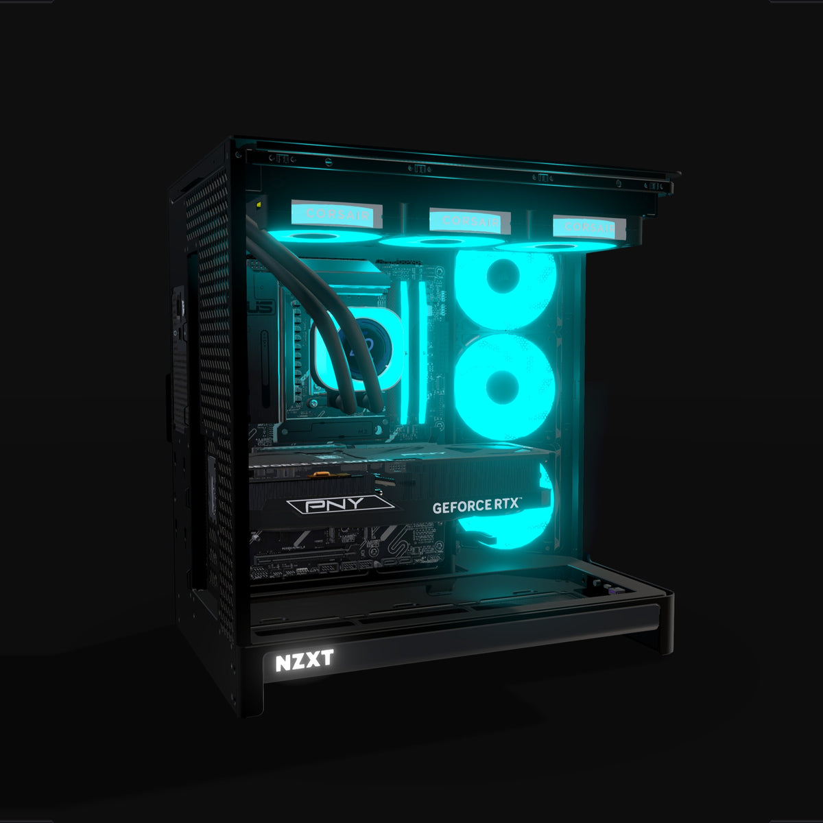 Showcase Gaming-PC Midrange – 3D-Rendering von der Seite, RGB Cyan