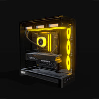 Showcase Gaming-PC Midrange – 3D-Rendering schräg von vorne, RGB Orange