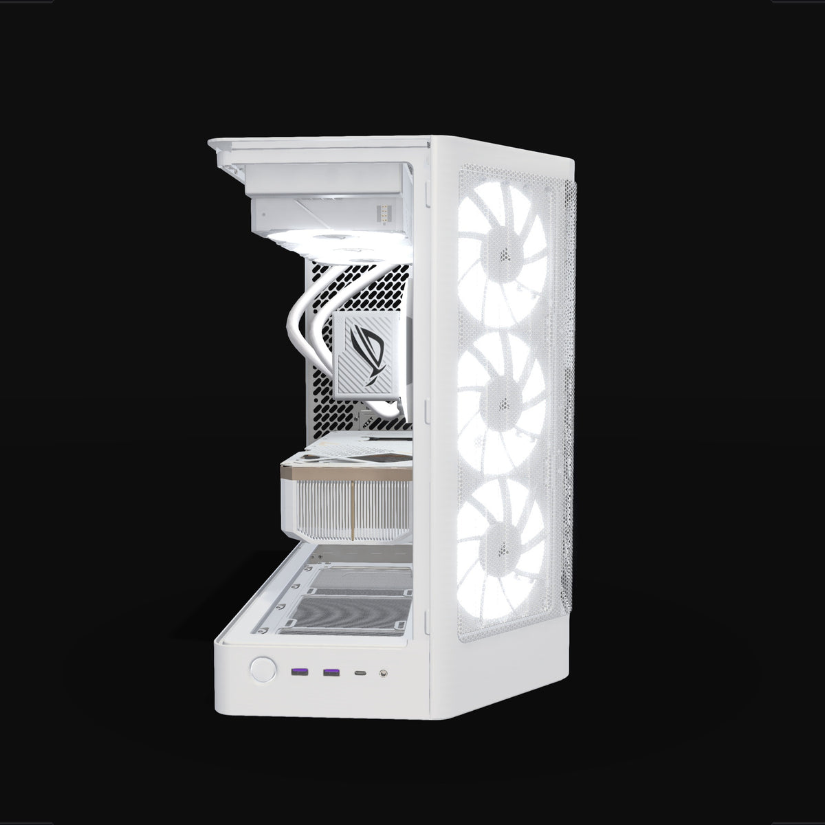 Showcase PC da gaming High-End Bianco – rendering 3D, vista frontale, RGB bianco freddo