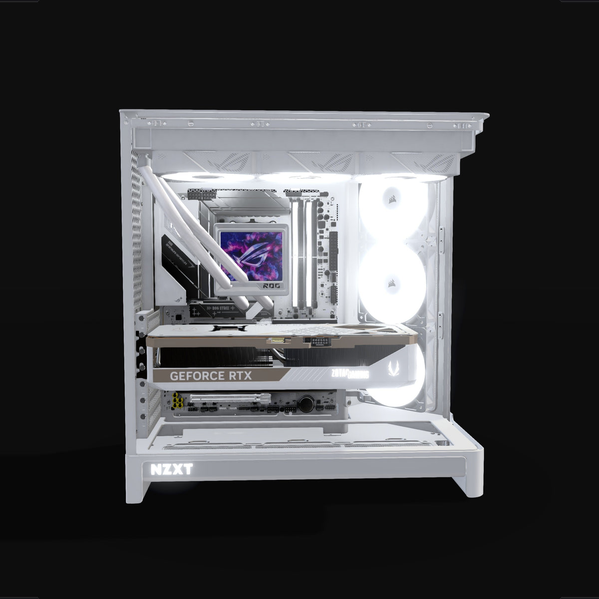Showcase PC da gaming High-End Bianco – rendering 3D, vista laterale, RGB bianco freddo