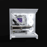 Showcase PC da gaming High-End Bianco – rendering 3D, vista laterale, RGB bianco freddo
