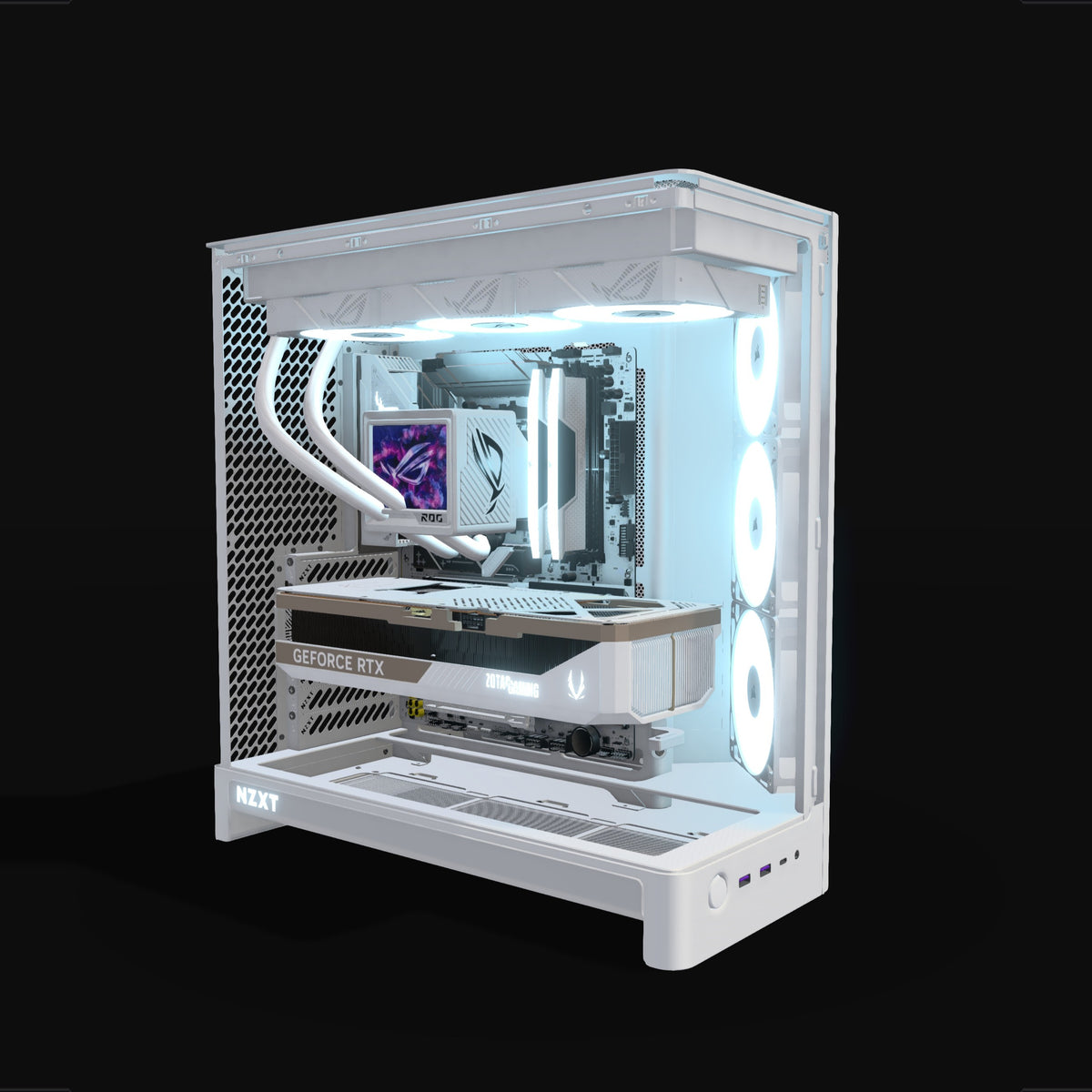 Showcase PC da gaming High-End Bianco – rendering 3D, vista di tre quarti, RGB blu ghiaccio