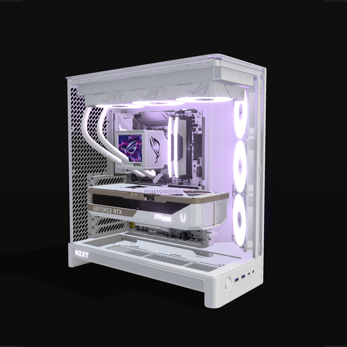 Showcase PC da gaming High-End Bianco – rendering 3D, vista di tre quarti, RGB lavanda