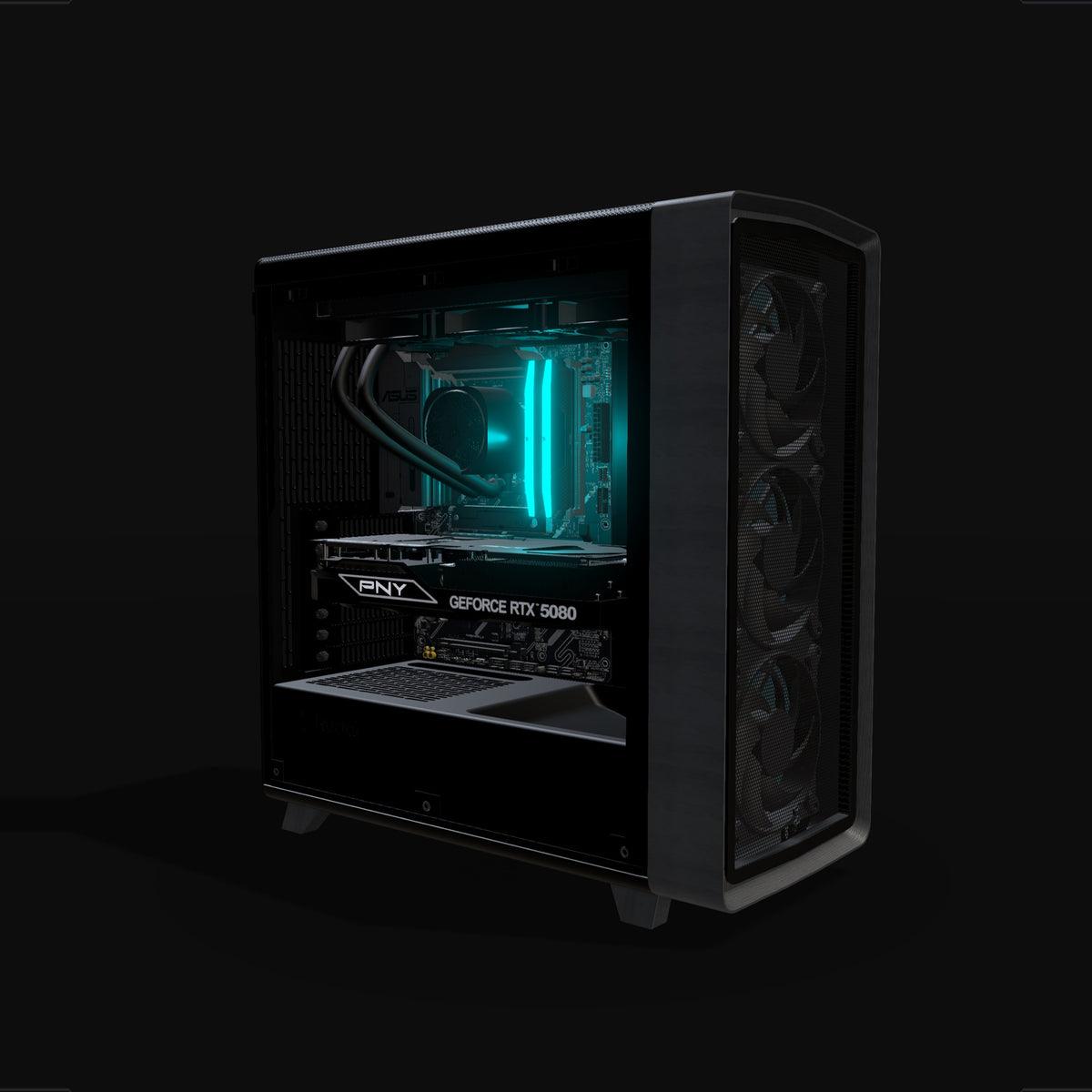 Streaming Gaming-PC High-End – 3D-Rendering schräg von vorne, RGB Cyan