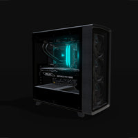 Streaming Gaming-PC High-End – 3D-Rendering schräg von vorne, RGB Cyan