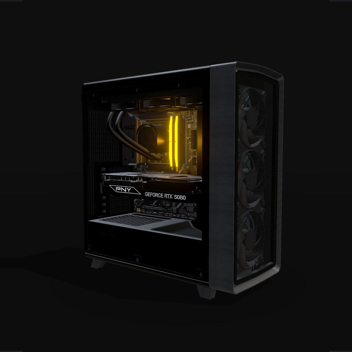 Streaming Gaming-PC High-End – 3D-Rendering schräg von vorne, RGB Orange