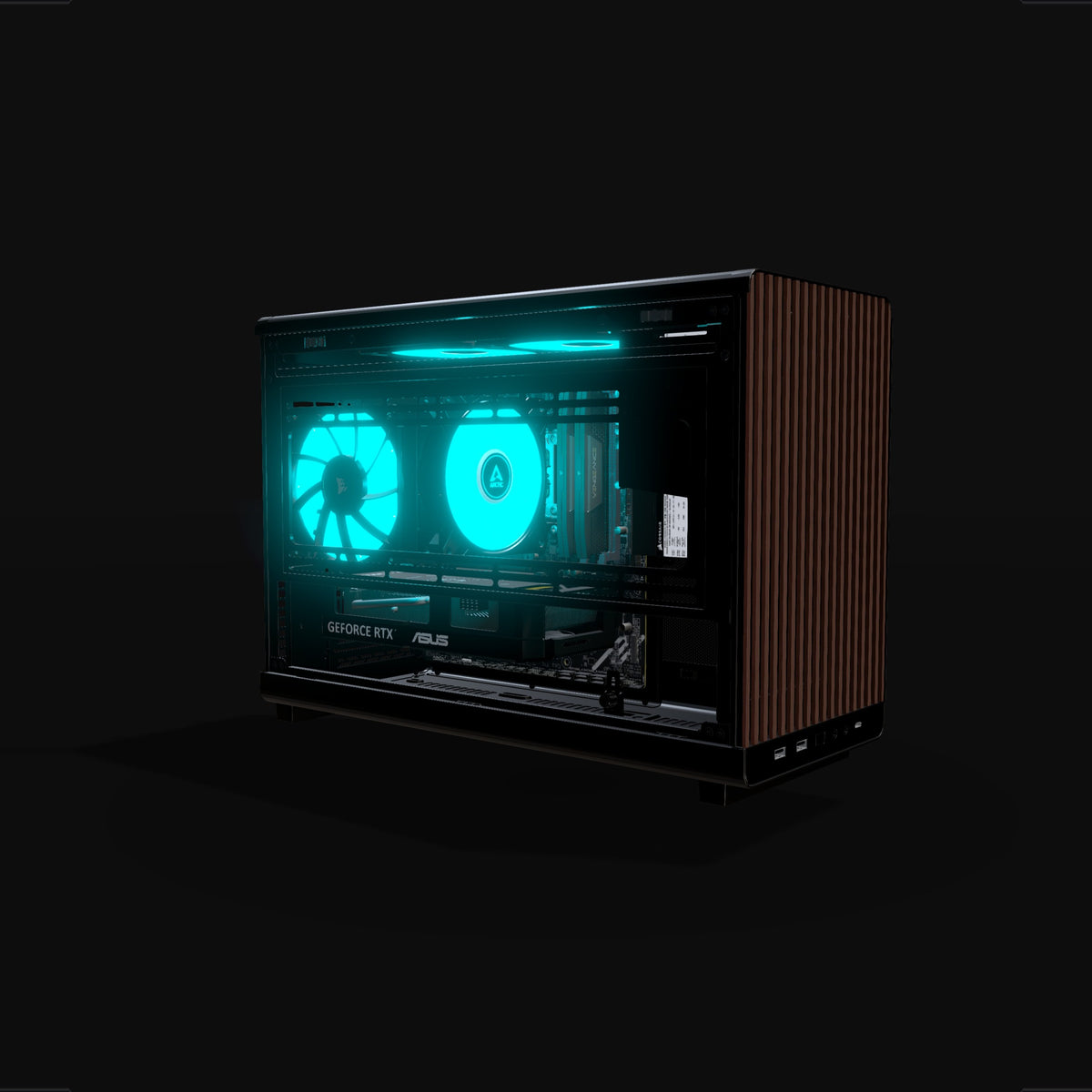 Biwak Gaming PC Entry – 3D rendering, front three-quarter view, RGB cyan